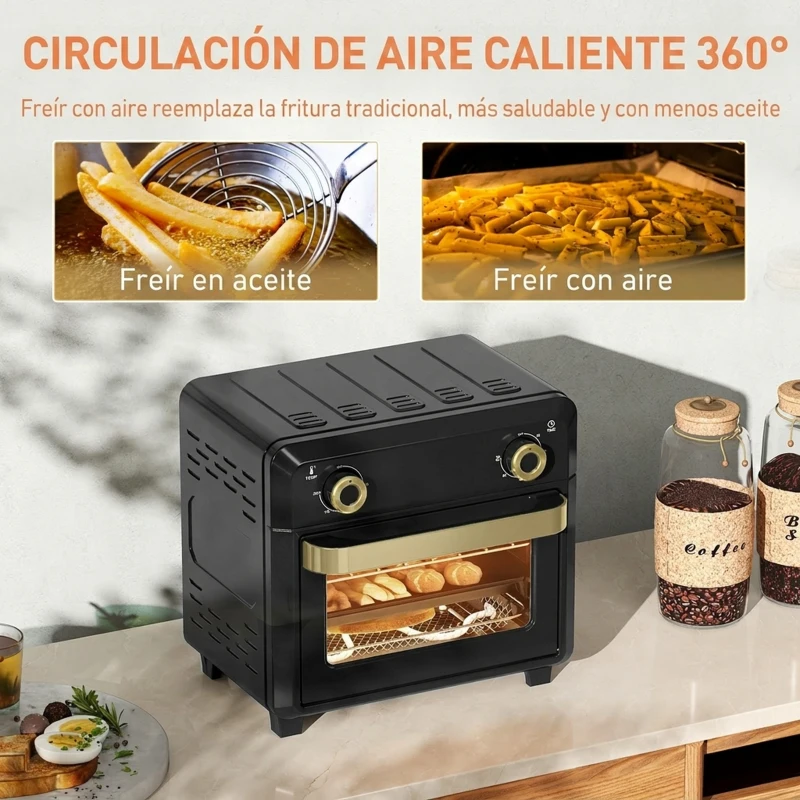 HOMCOM Horno Freidora de Aire 10 L con 2 Mandos Convección 360° Temperatura hasta 230 °C Temporizador 60 Min Bandeja y Cesta