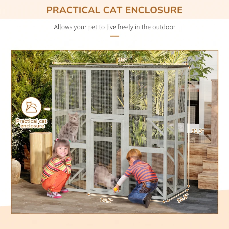 PawHut Wooden Catio Cat Outdoor Enclosure, Cat Cage with Waterproof Roof, Platforms, for Multiple Kittens, 180 x 98 x 180 cm