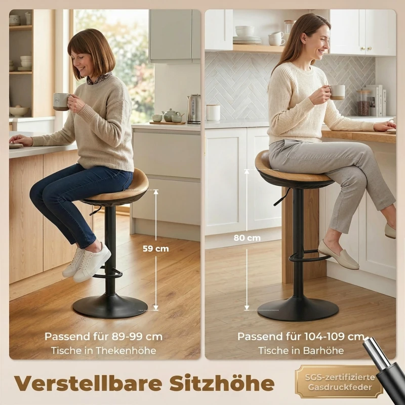 HOMCOM Barhocker 2er Set Drehbar Barstuhl mit Fußstütze Höhenverstellbar Tresenhocker mit Holzoptik, für Küche, Eiche