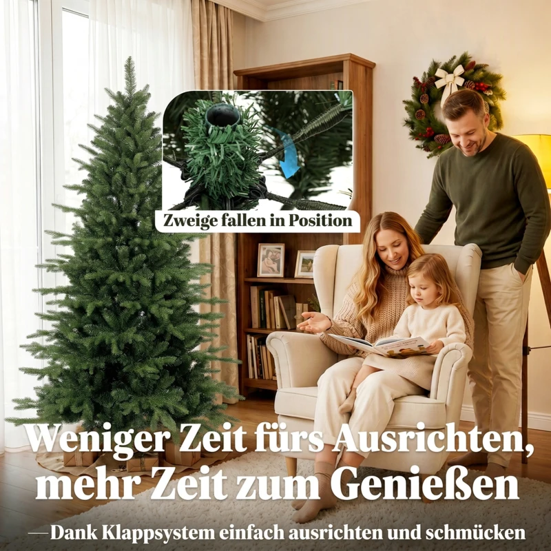 HOMCOM Kunstkerstboom 180 cm met inklapbare houten standaard, 1438 takpunten, groen