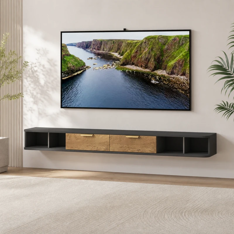 HOMCOM Meuble TV Suspendu avec Compartiments Ouverts, Porte Rabattable et Passe-Câbles, 120 x 24 x 16 cm, Gris Foncé
