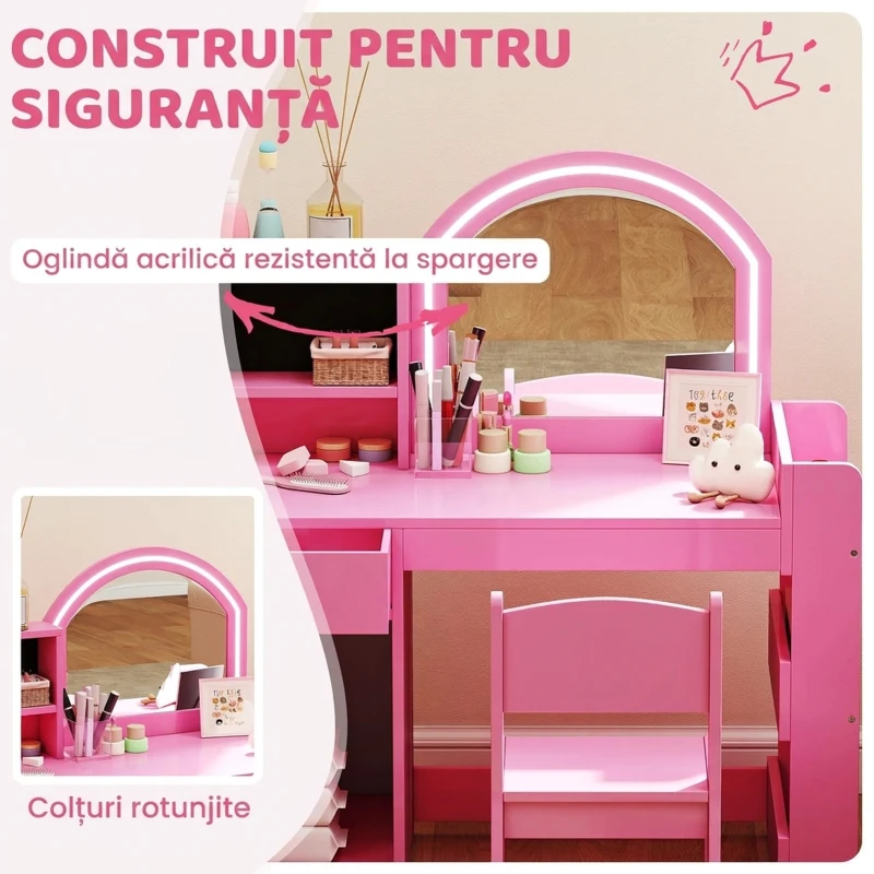 AIYAPLAY Set Măsuță de Machiaj pentru Copii 3-8 Ani 2 în 1 cu Oglindă și Scaun, Roz
