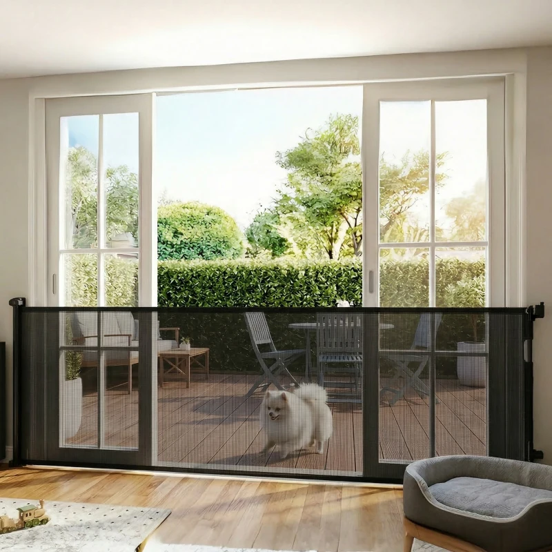 PawHut Retractable Dog Gate, Extends to 300 cm Wide & 104 cm Tall, Mesh Pet Gate Single Hand Operation, for Stairs Doorways