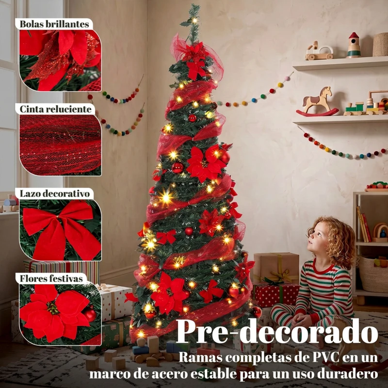 HOMCOM Árbol de Navidad Artificial 150 cm con 100 Luces LED 150 Ramas 11 Modos Bolas, Cintas Soporte Plegable Verde y Rojo