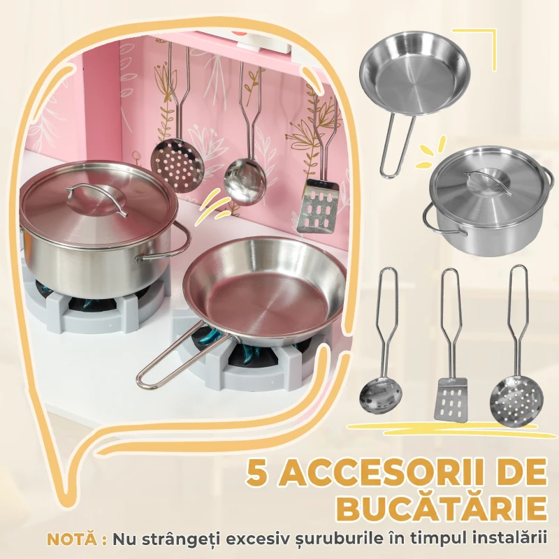 AIYAPLAY Set Bucătărie de Jucărie din Lemn, cu Lumini și Sunete, Roz