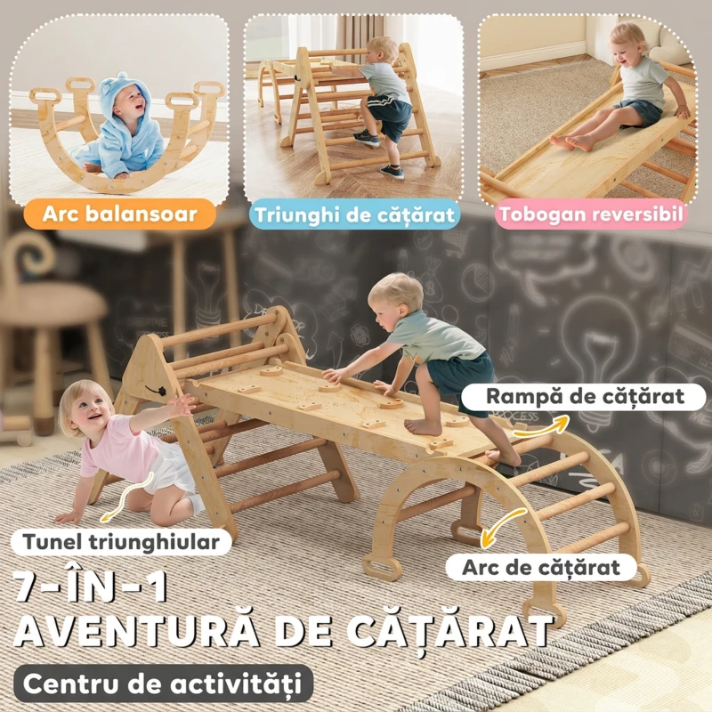 AIYAPLAY Joc pentru Copii 5 în 1 cu Triunghi, Perete Neted și Arc, din Lemn de Plop și Pin, 188x70x59 cm