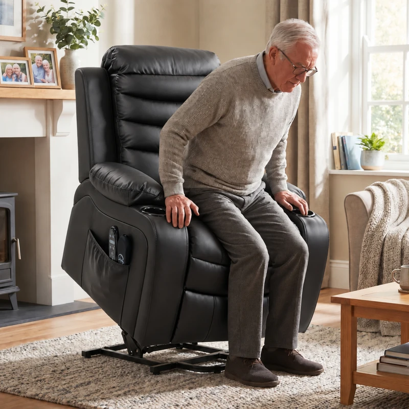 HOMCOM Sillón Relax Reclinable Eléctrico Levanta Personas con Masaje Vibratorio y Calor Puerto USB Control Remoto Negro