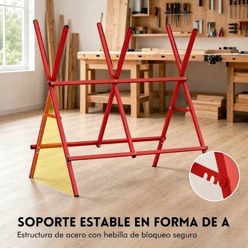 HOMCOM Caballete para Sierra Plegable Soporte Cortar Madera Altura y Ancho Ajustables Estructura en A Soporta hasta 150kg Rojo