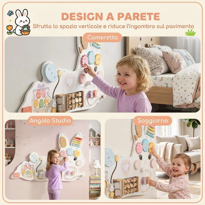 AIYAPLAY Busy Board Montessori in Legno da Parete per Bambini 1.5-6 Anni a Tema Coniglietto Pasquale, Bianco