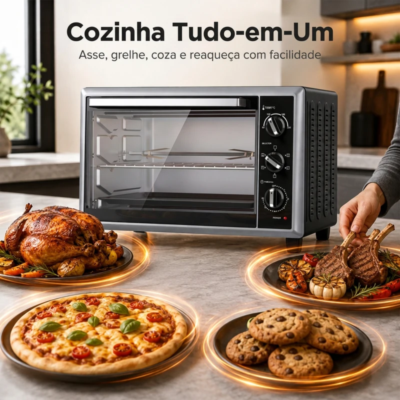 HOMCOM Mini Forno Elétrico de Bancada 46 L com Convecção Espeto Giratório e Temporizador 1800 W