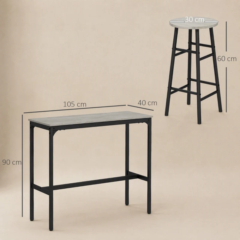 HOMCOM Ensemble table haute de bar + 2 tabourets structure en acier plateau aspect effet bois gris 2 personnes noir