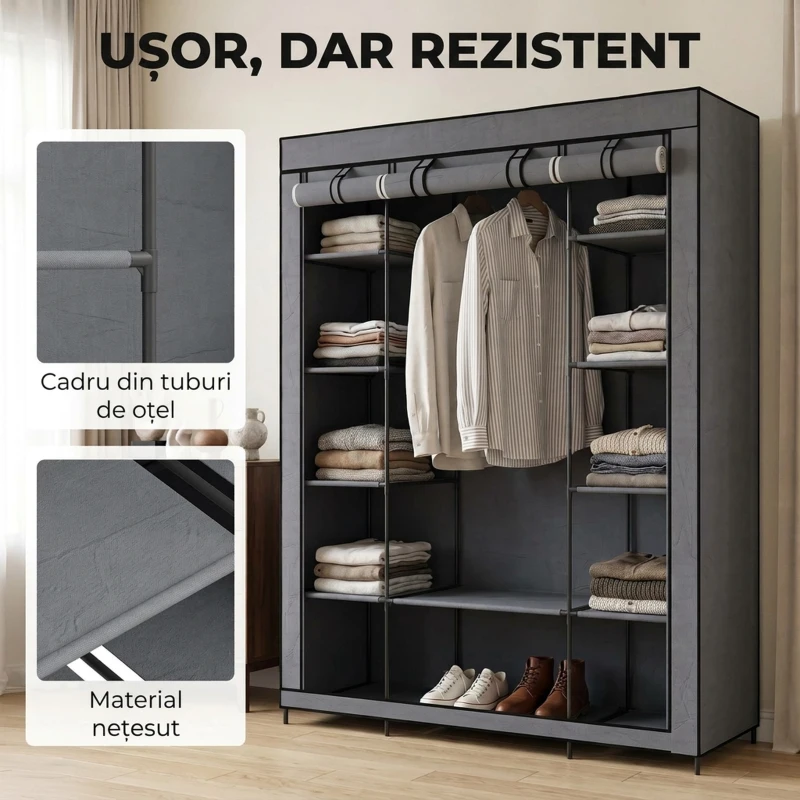 HOMCOM Dulap textil pentru economisirea spațiului, cu bară pentru umerașe și 11 rafturi, 135x45x175 cm, gri, pentru dormitor