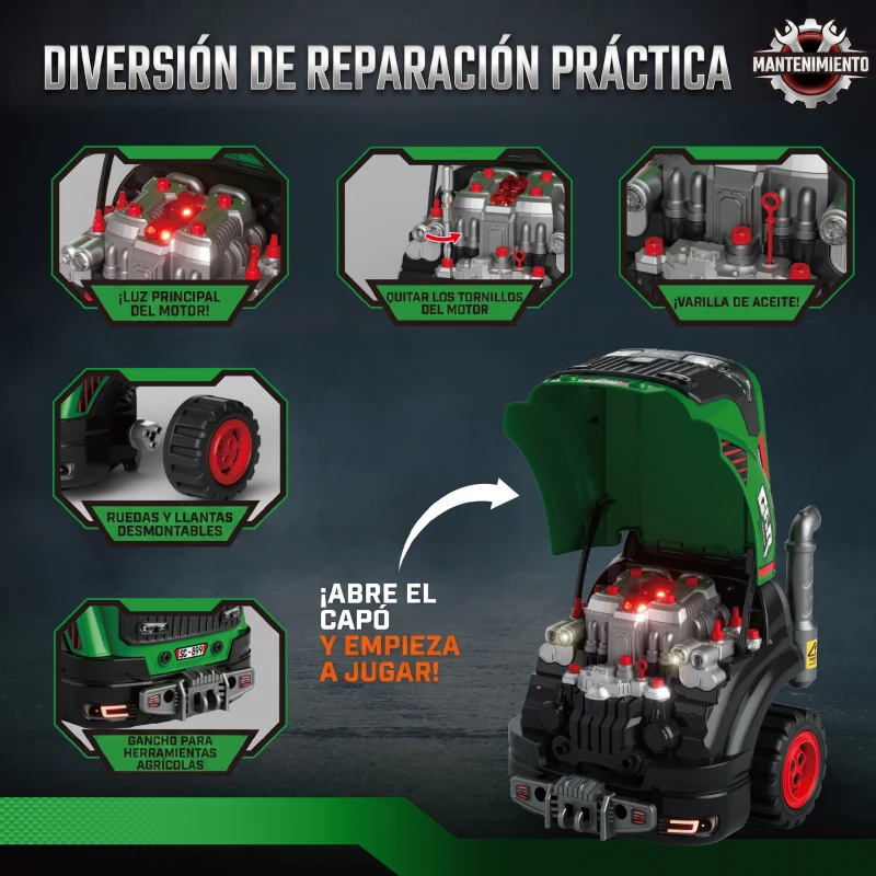 AIYAPLAY Juguete de Motor de Camión para Niños con Vapor Luces Sonidos Set de Reparación Mecánico 3-6 Años Verde