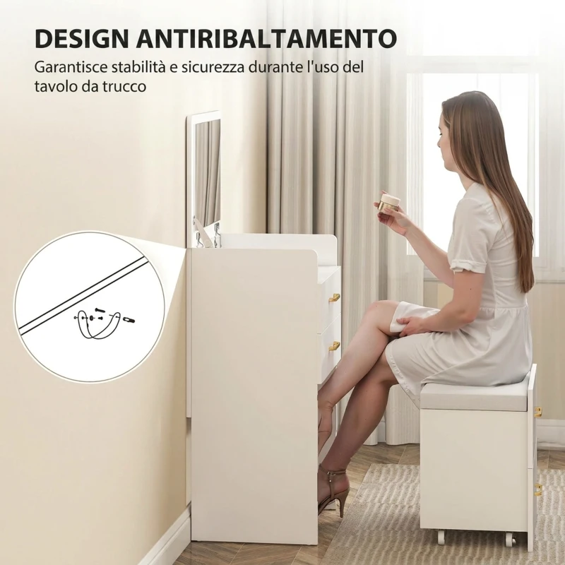 HOMCOM Postazione Trucco 3 in 1 con Specchio a Ribalta, Sgabello a Scomparsa, 3 Cassetti, Piano in Vetro, Bianco