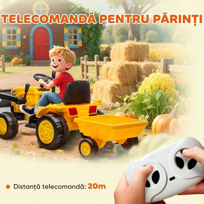AIYAPLAY Excavator Electric pentru Copii 12V cu Cupă, Remorcă și Telecomandă, Vârsta 3-8 Ani, Galben
