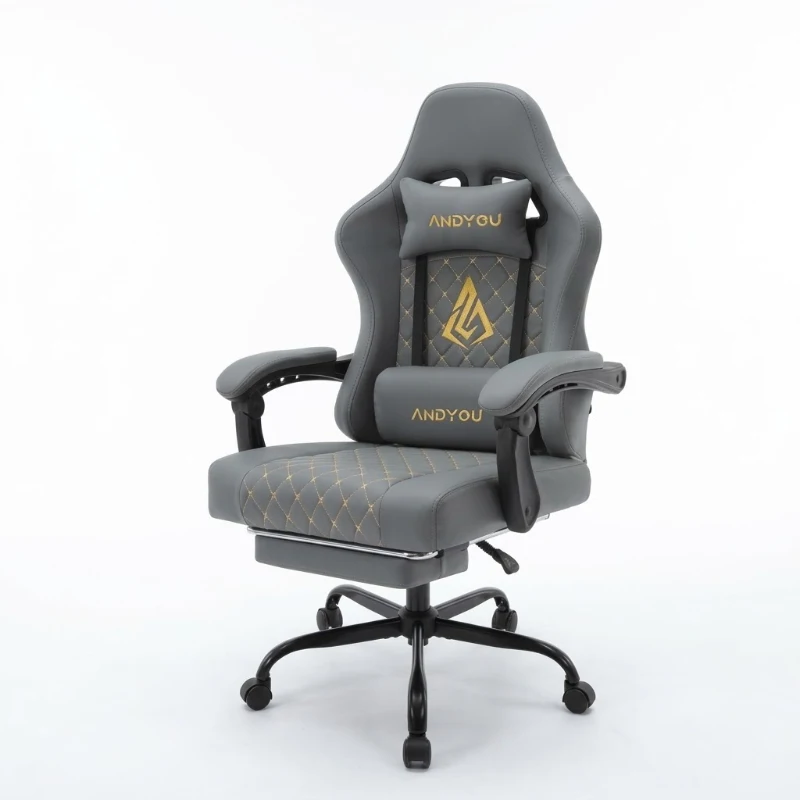 Sedia da gaming con poggiapiedi, morbido cuscino per collo e lombare, cuscini di supporto rimovibili, 60x60x122 cm, Grigio