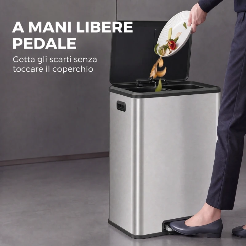 HOMCOM Pattumiera a Pedale 2 x 30 L in Acciaio Inox con Secchi Estraibili e Coperchio Soft-Close, Argento
