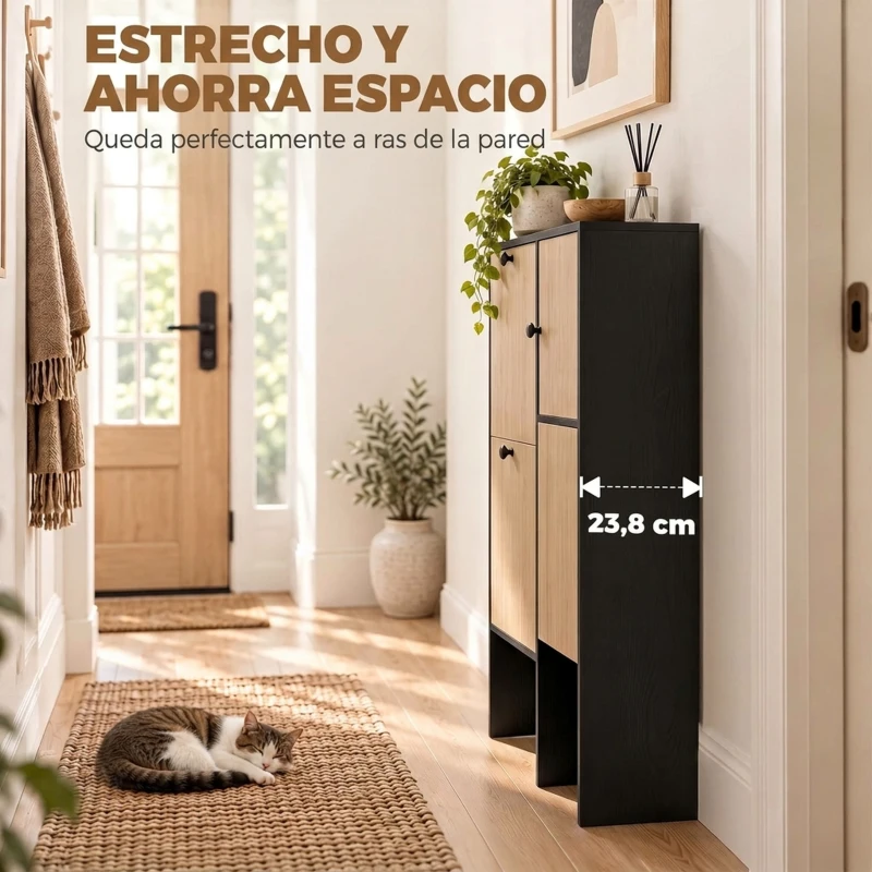 HOMCOM Zapatero Estrecho con 2 Cajones Abatibles Armario Taburete Oculto Estantes Ajustables 8-10 Pares 100x23,8x100 cm Roble