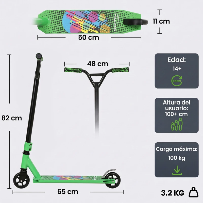 SPORTNOW Scooter Acrobático para Trucos con Plataforma de Aluminio Rodamientos ABEC-7 Ruedas 100 mm Manillar 360° Verde