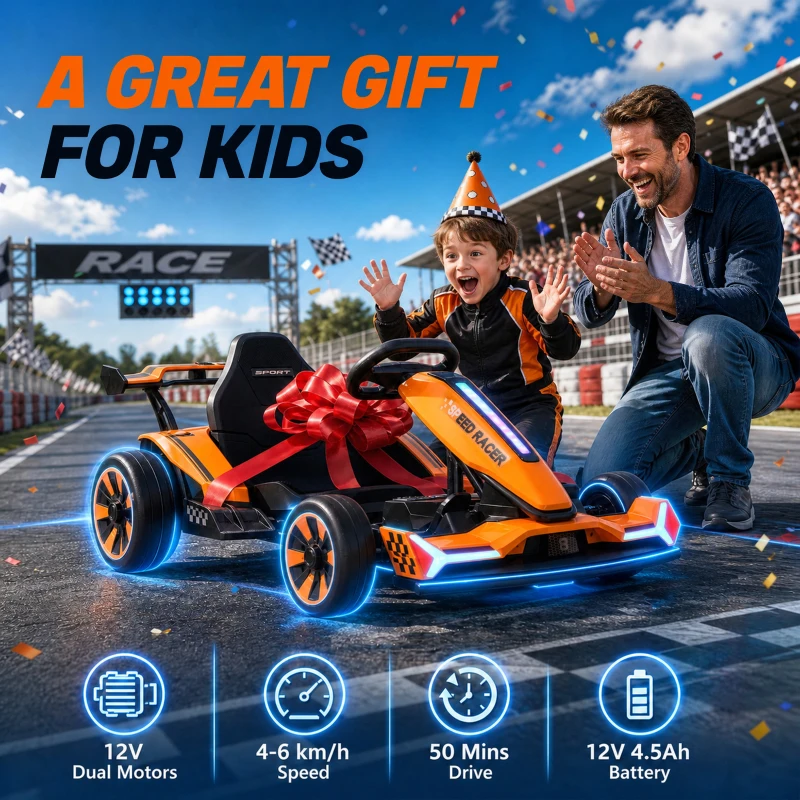 AIYAPLAY Kart Électrique pour Enfants 12 V, Go Kart, 2 Moteurs, Siège Réglable, Batterie au Lithium, Démarrage Progressif, Orange