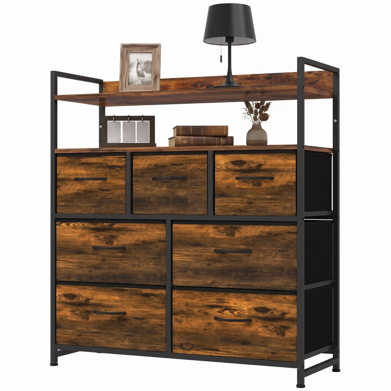 HOMCOM Cómoda de Tela con 7 Cajones y 2 Estantes de Estilo Industrial con Marco de Acero 79x29x101 cm Marrón Rustico