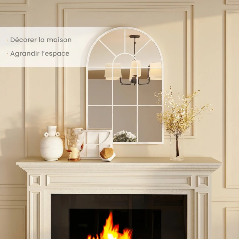 HOMCOM Miroir Mural Arqué 91 x 60 cm, Miroir Verrière Arche Style Industriel, Cadre Métallique, pour Salon, Chambre, Blanc