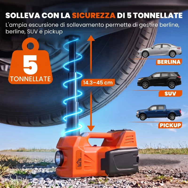 HOMCOM Kit Martinetto Elettrico Auto 5T con Chiave a Impulsi, Idraulico 143-450 mm, Arancione