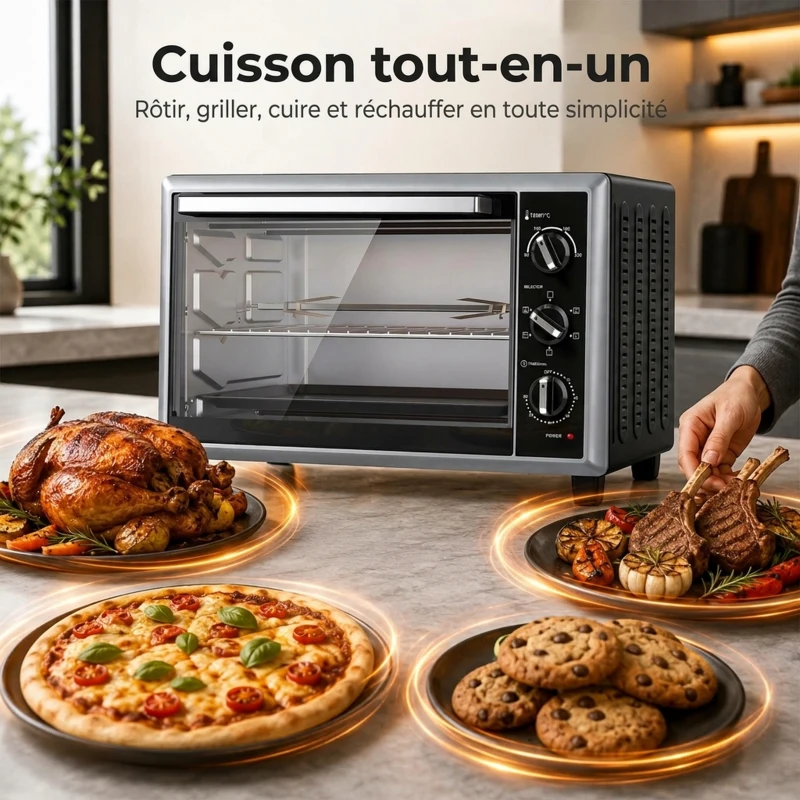 HOMCOM Mini-Four Électrique avec Broche Rotative 46L 1800W, Four à Convection Multifonction, Chaleur Tournante, Minuterie, Noir