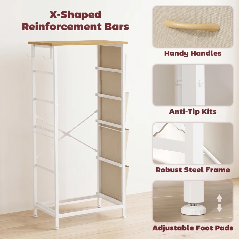 HOMCOM Chest of Drawers, Dresser with 5 Fabric Drawers, Tall Storage Unit with 4 Pockets and 2 Hooks Steel Frame, Beige