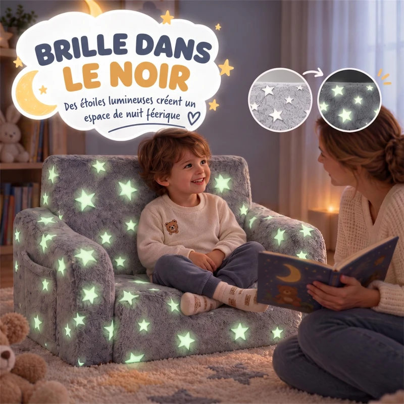 AIYAPLAY Canapé enfant 2 en 1, fauteuil pour enfant avec étoiles phosphorescentes, dépliable en méridienne, gris
