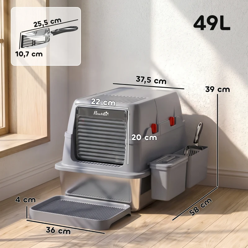 PawHut 3 in 1 Lettiera Gatto Chiusa Grande 49L in Acciaio Inox con Coperchio, Paletta, Pedana, 2 Contenitori, Grigio
