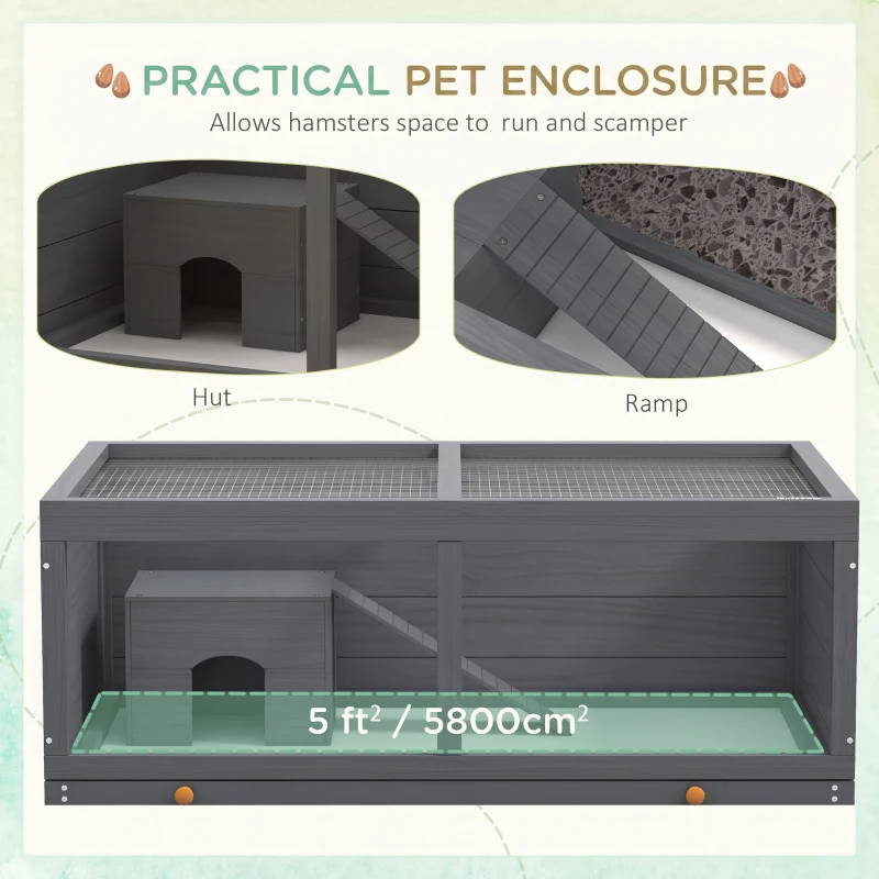 PawHut Wooden Hamster Cage with Sliding Tray, Openable Top, Hut for Syrian Hamster, Grey