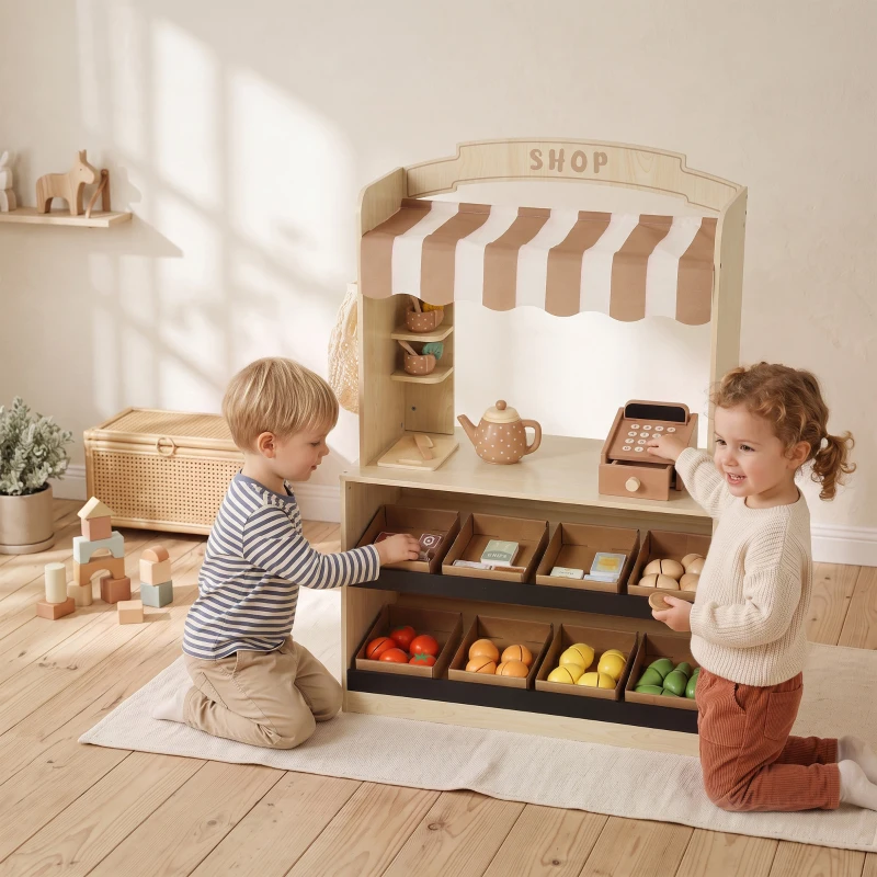 AIYAPLAY Negozio Giocattolo per Bambini in Legno, Bancarella con Alimenti, Lavagna, 61 Accessori, 3-8 Anni, Color Legno