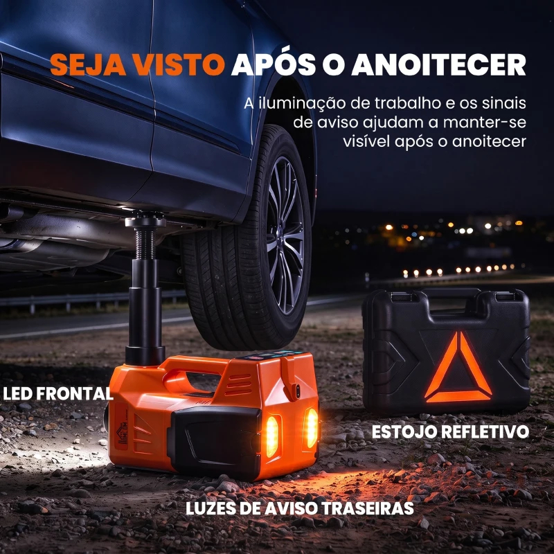 HOMCOM Kit de Macaco Hidráulico Elétrico 5T 12V 14,3-45 cm com Luz LED, Bomba de Ar, Chave Sextavada, Martelo e Mala Laranja