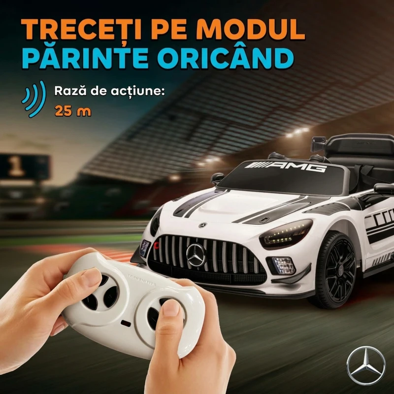 AIYAPLAY Auto Electric pentru Copii de 3-8 Ani Mercedes-AMG 12V cu Telecomandă, Faruri LED, Roți pentru Transport, Alb