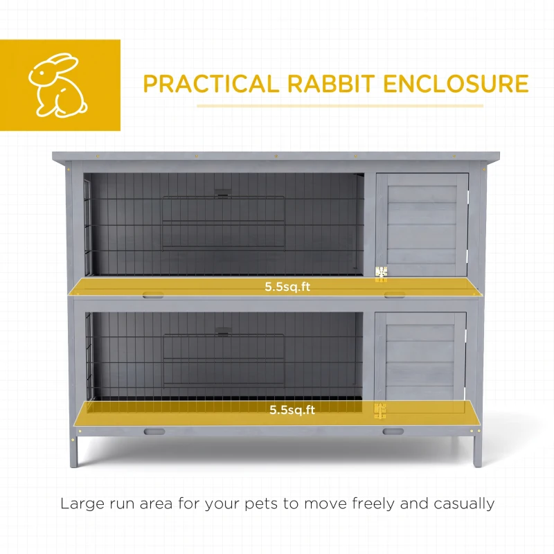 PawHut Rabbit Hutch Outdoor Guinea Pig Hutch Bunny Cage with No-Leak Trays, Divider, 136 x 50 x 93cm, Grey