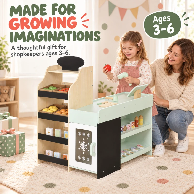 AIYAPLAY Marchande Enfants en Bois, Caisse Enregistreuse, Aliments Factices, Tableau Noir et 44 Accessoires, pour 3 à 6 Ans