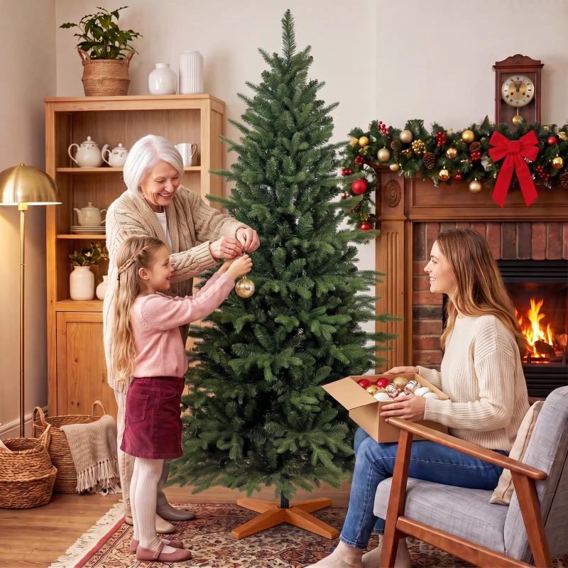 HOMCOM Kunstkerstboom 180 cm met inklapbare houten standaard, 1438 takpunten, groen