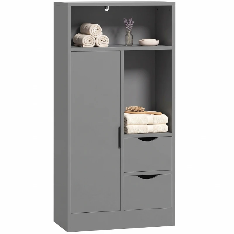 HOMCOM Meuble de salle de bain, meuble de rangement étroit avec 2 tiroirs, compartiments ouverts, 50x25x100cm, gris