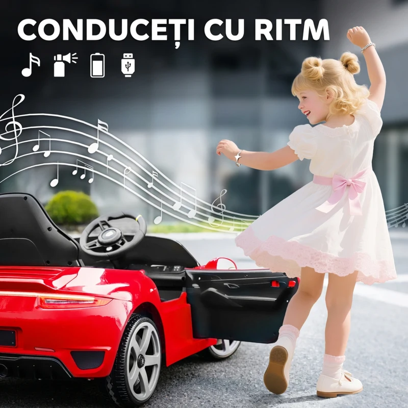 AIYAPLAY Mașină pentru Copii 3-5 Ani cu Licență Oficială RUF GT, Telecomandă, Centură de Siguranță și Muzică, Roșu