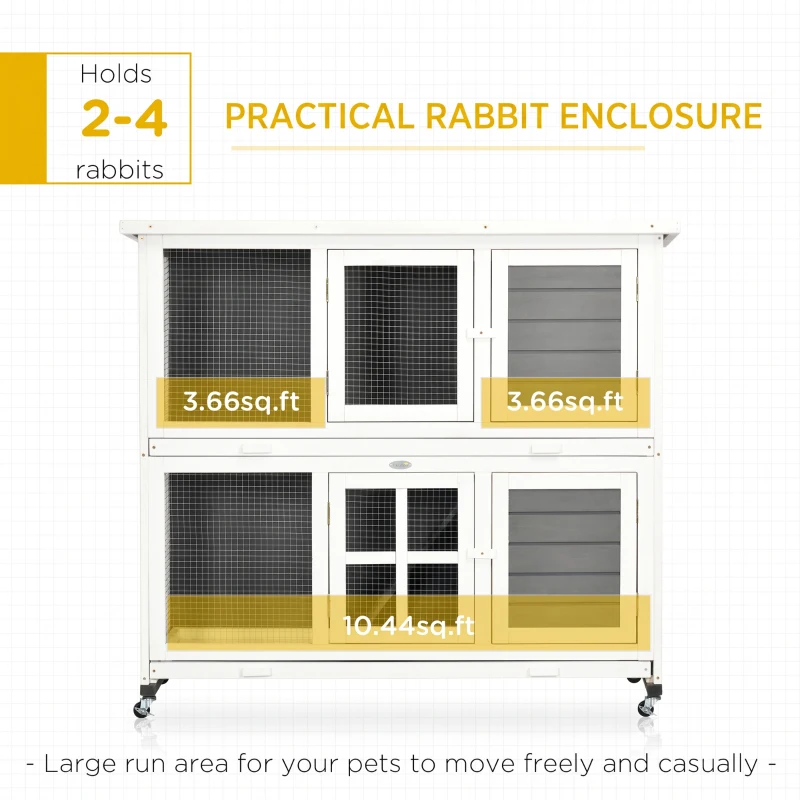 PawHut Wooden Rabbit Hutch, Two-Tier Guinea Pig Cage, with Removable Tray, Wheels