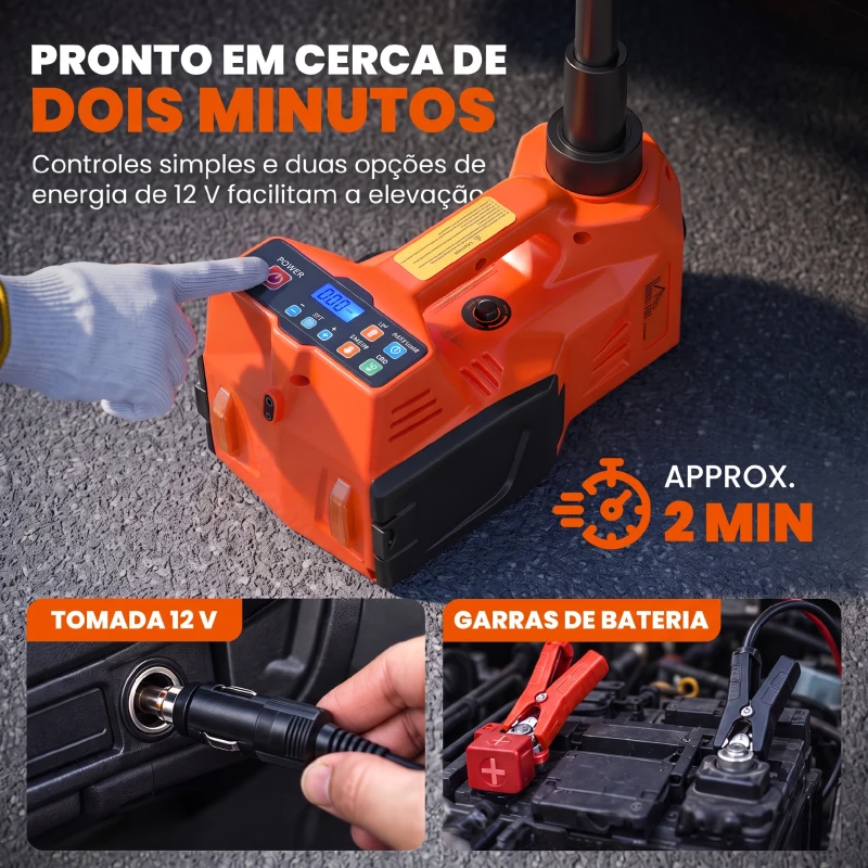 HOMCOM Kit de Macaco Hidráulico Elétrico 5T 12V 14,3-45 cm com Luz LED, Bomba de Ar, Chave Sextavada, Martelo e Mala Laranja