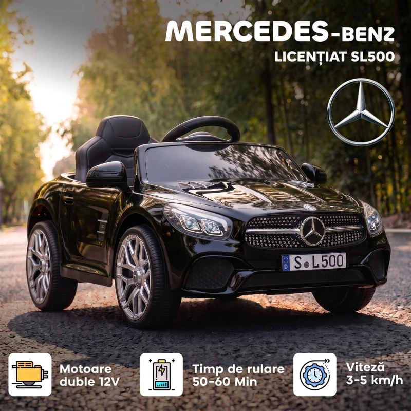 AIYAPLAY Mașină Electrică pentru Copii Mercedes-Benz SL500 12V cu 2 Motoare, Suspensie, Muzică și Telecomandă, Negru