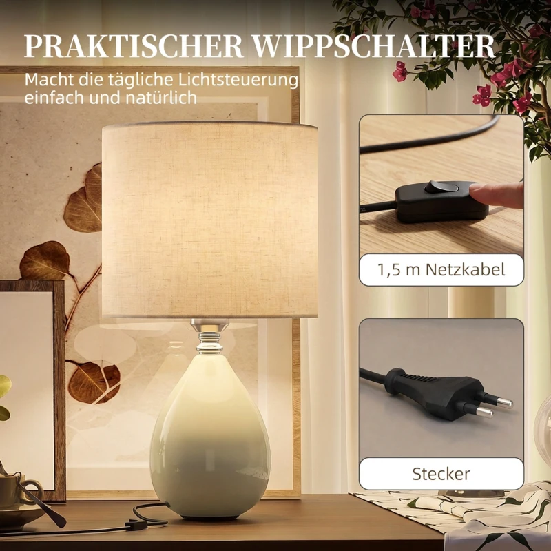 HOMCOM Tafellamp, vintage nachtkastlamp met keramische voet, linnen kap en E27-fitting