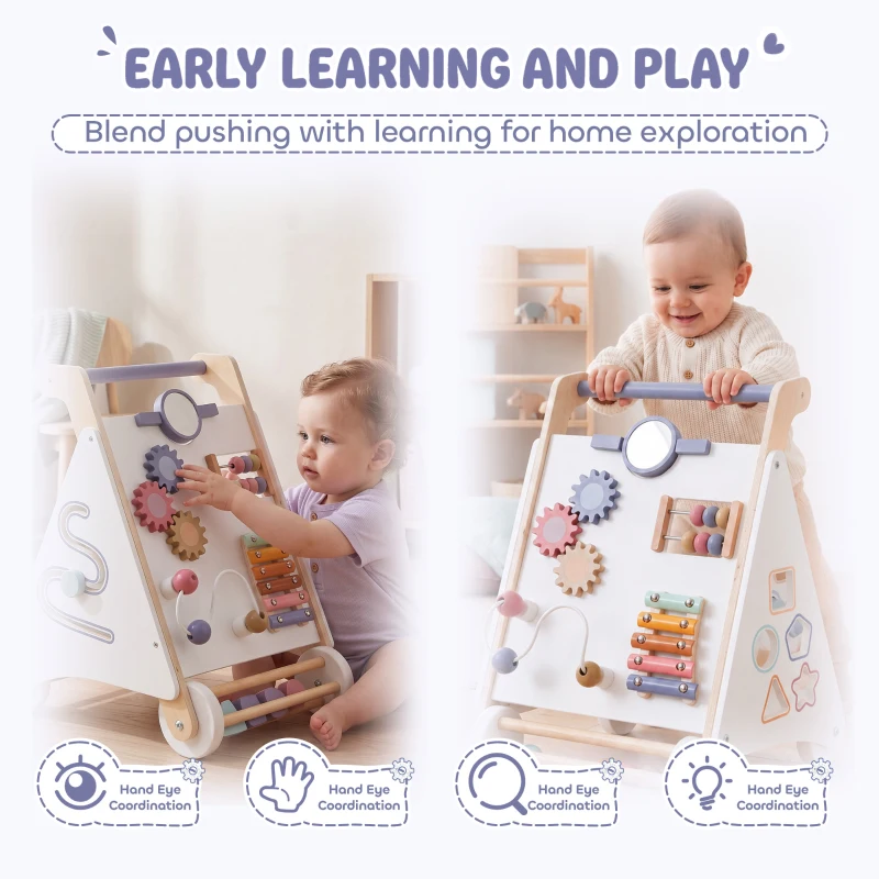 AIYAPLAY Wooden Baby Walker, Montessori Push Along Toy with 5 Blocks and Xylophone Mallet, Adjustable Speed for Toddlers 1.5-3Y