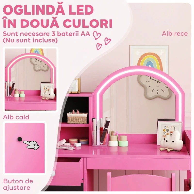 AIYAPLAY Set Măsuță de Machiaj pentru Copii 3-8 Ani 2 în 1 cu Oglindă și Scaun, Roz