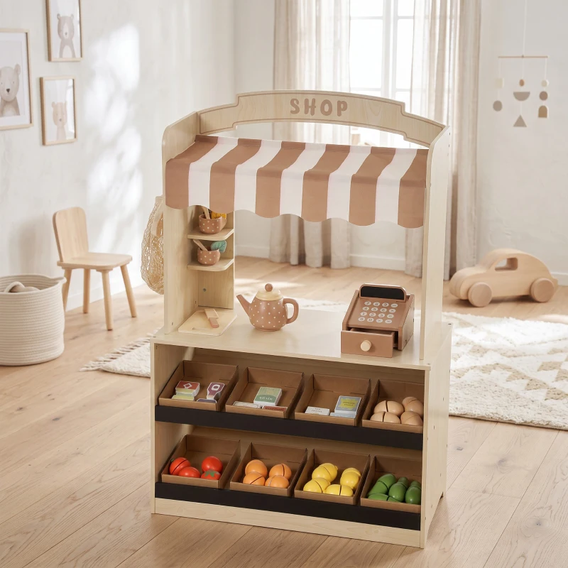 AIYAPLAY Negozio Giocattolo per Bambini in Legno, Bancarella con Alimenti, Lavagna, 61 Accessori, 3-8 Anni, Color Legno