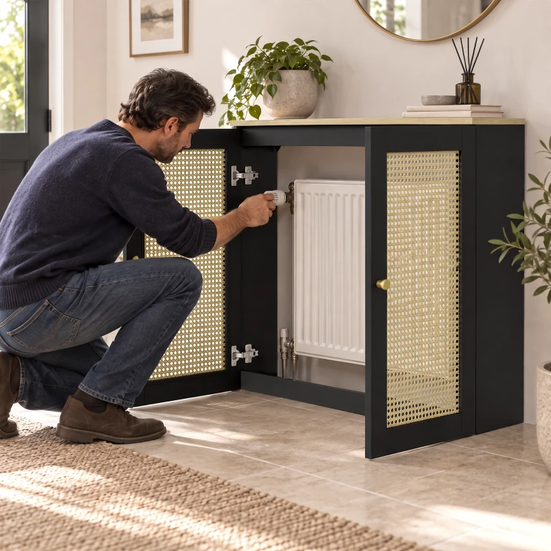 HOMCOM Cubre Radiadores con 2 Puertas de Ratán Cubreradiador Cubierta para Radiador para Salón Dormitorio 78x19x75 cm Negro