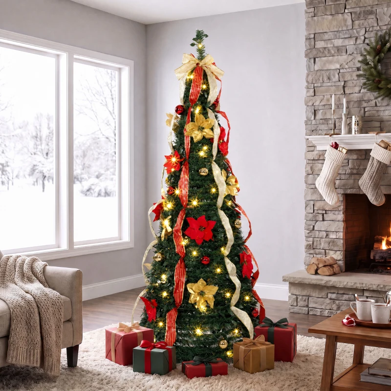 HOMCOM Árbol de Navidad Desplegable 180 cm con 100 Luces LED 11 Modos Mando a Distancia y Decoración Incluida Verde