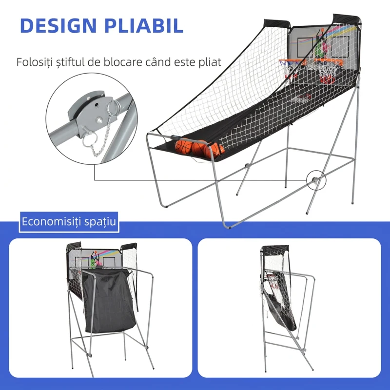 HOMCOM coș de baschet cu panou LED, 4 mingi și 8 moduri de joc, 205x110x205 cm, alb-negru